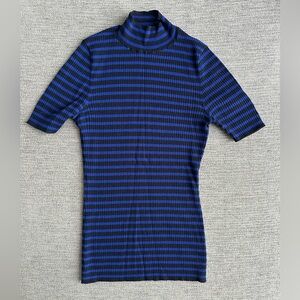 Theory Blue and Black Striped Ribbed Turtleneck with short sleeves